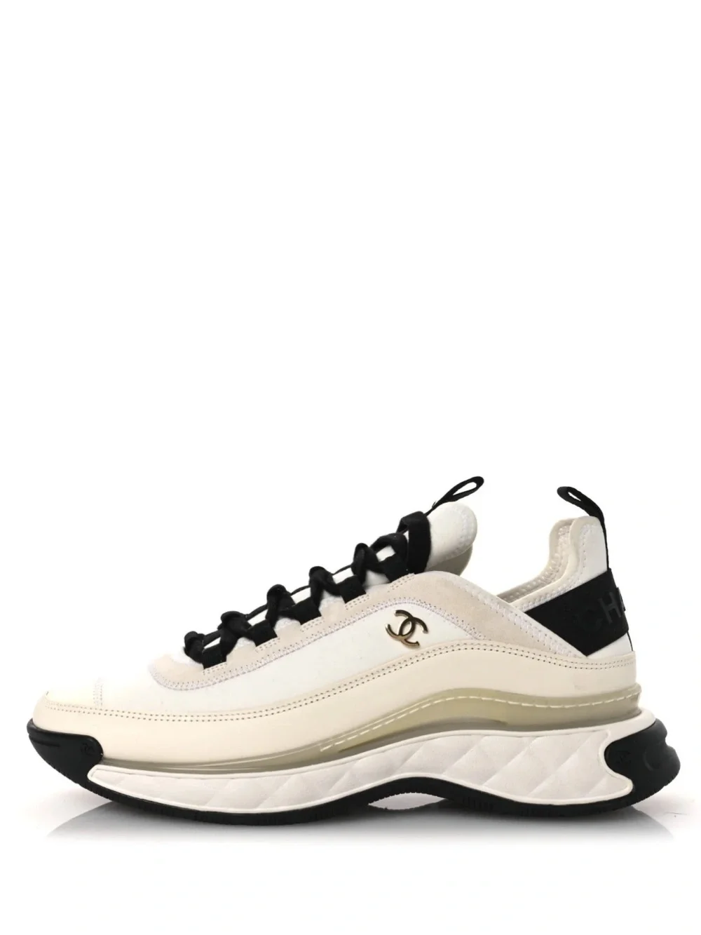Womens CHANEL white ivory black Velvet Calfskin sneakers gold logo size 40 US 10